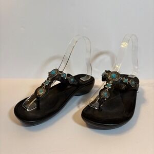 Minnetonka Black Turquoise Embellished Thong Sandals Women's Size 5 Flip Flops